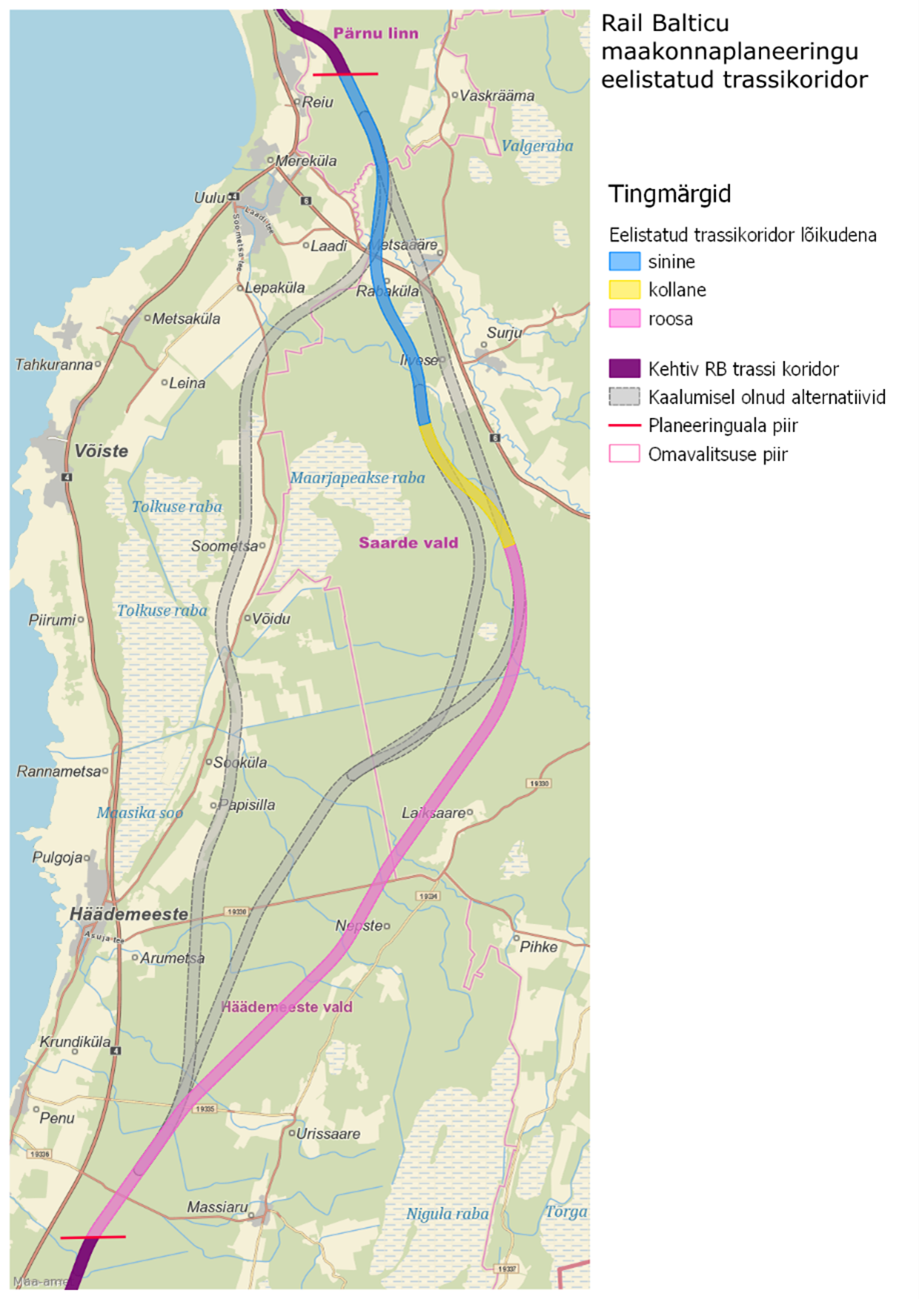 Rail Balticu rajamiseks kõige väiksemate mõjudega sinine-kollane-roosa trassikoridor